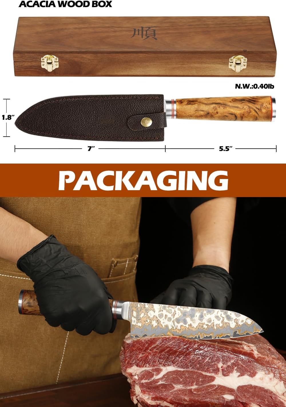 YOUSUNLONG Damaszener Kochmesser - Japanische handgefertigte Kupfer Damaszener Stahl Klinge von 178m