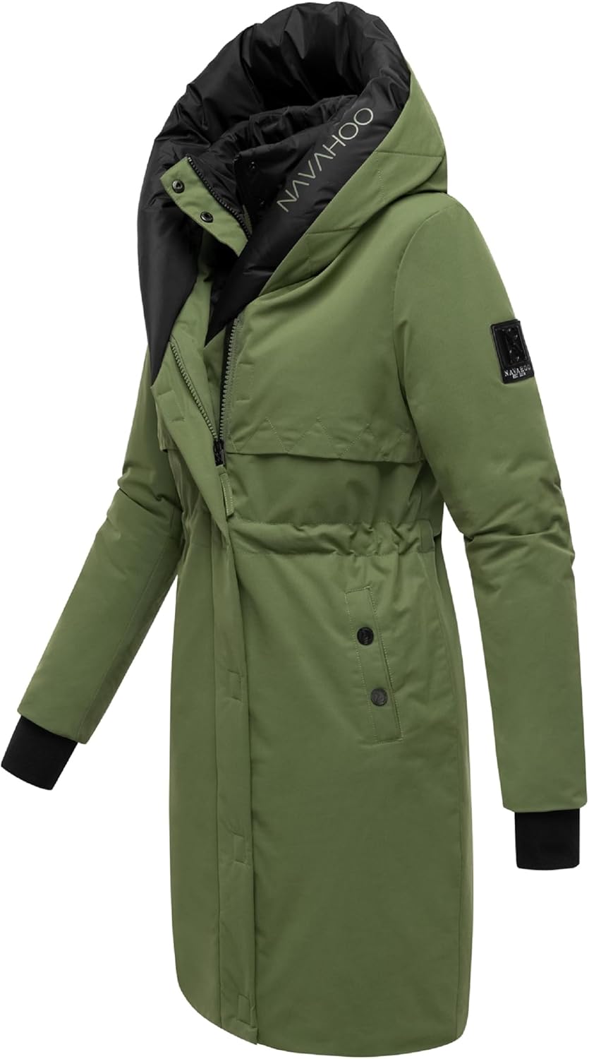 Navahoo Damen Mantel Lange warme Winter Steppjacke mit Kapuze und magnetischen Elementen Snowelf XS-