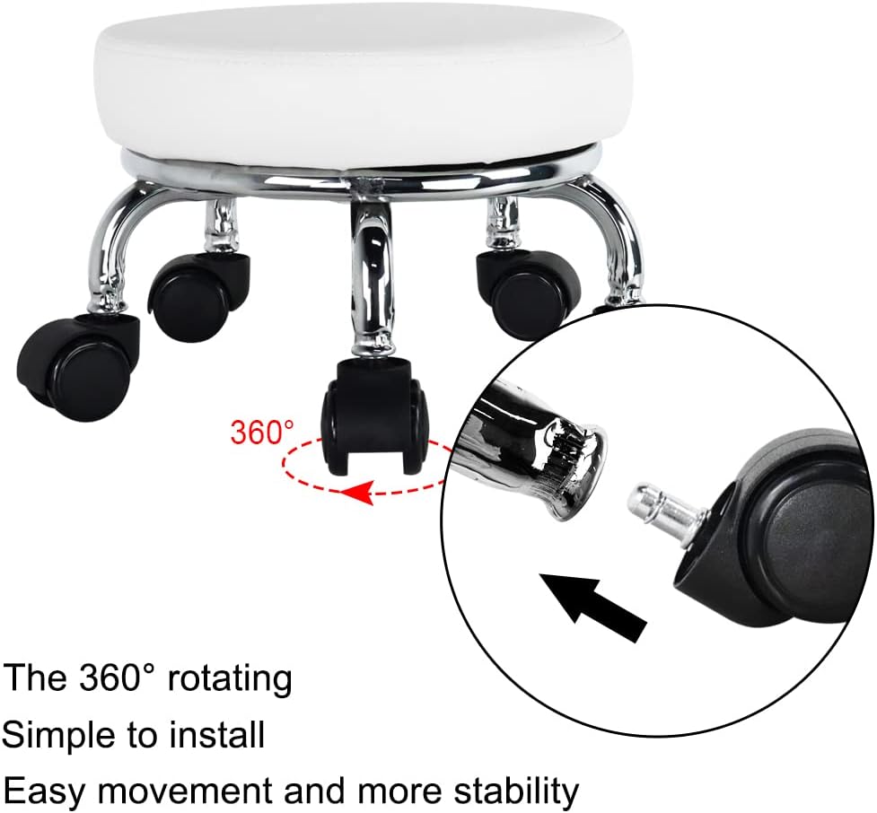 WKWKER Rollsitz PU Leder Low Round Rollhocker Kleiner Hocker mit Universal Drehrollen Rollen für Hom