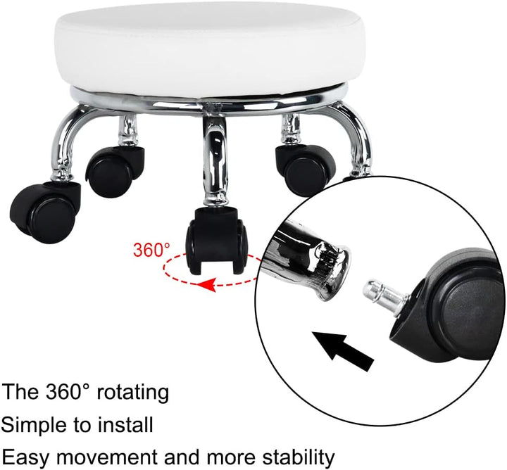 WKWKER Rollsitz PU Leder Low Round Rollhocker Kleiner Hocker mit Universal Drehrollen Rollen für Hom