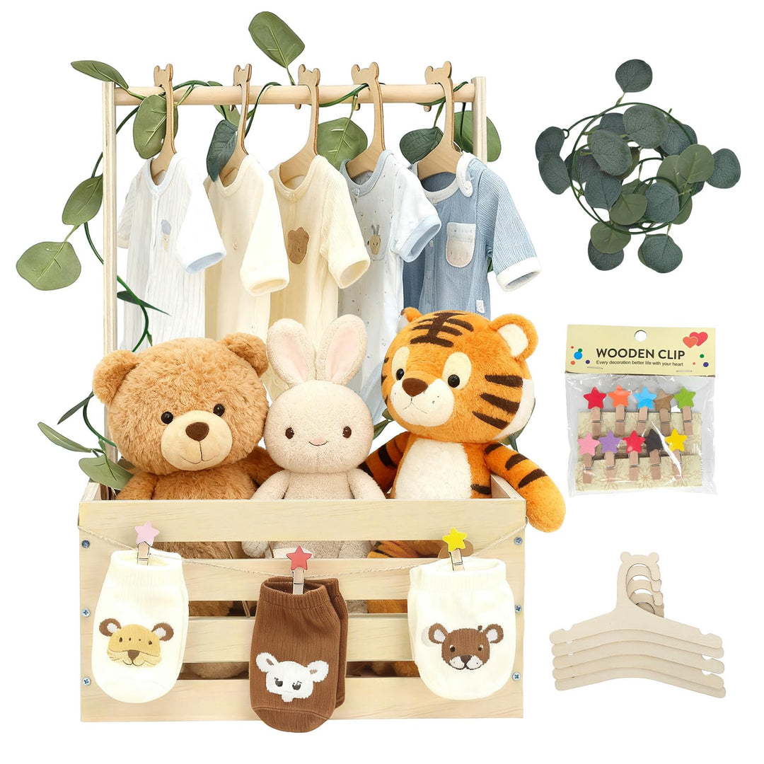 Babyshower-Kiste aus Holz mit Kleiderbügeln, Mond und Sternen – Personalisierte Geschenkbox für werd