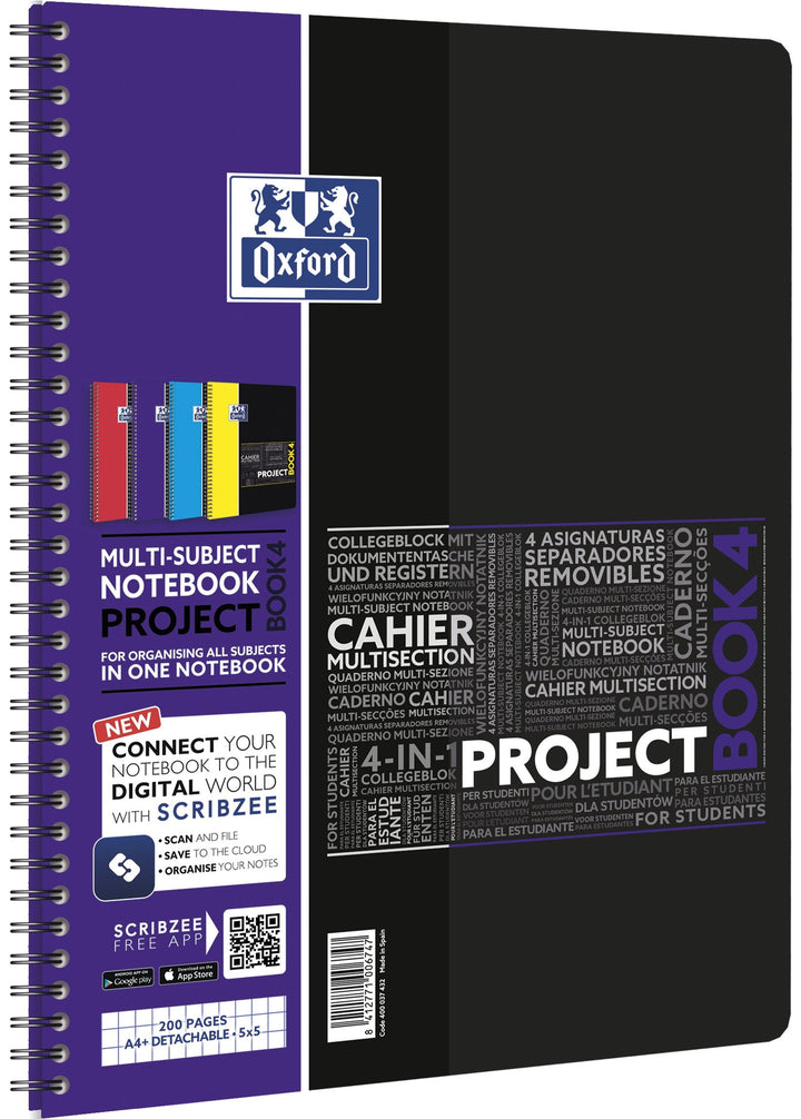 Oxford Projectbook A4 Studium Collegeblock kariert 100 Blatt, 5 Stück mit 4 Farben Projectbook karie