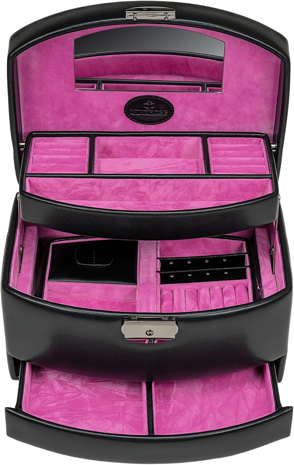 Windrose Automatik-Schmuckkoffer mit Reiseeinsatz/Merino Moda (schwarz-pink), Schwarz-pink