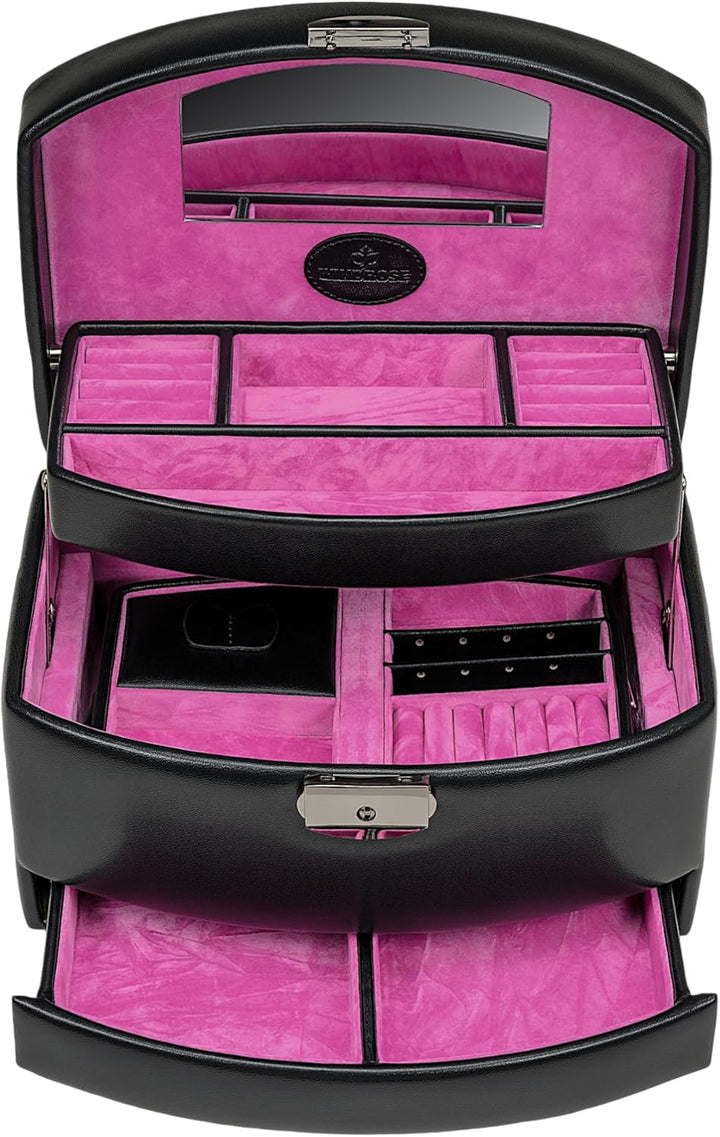 Windrose Automatik-Schmuckkoffer mit Reiseeinsatz/Merino Moda (schwarz-pink), Schwarz-pink