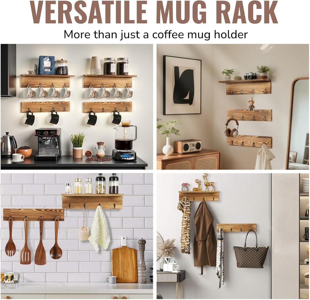 JUJOYBD Tassenhalter Wand, Hängendes Tassenregal mit 16 Haken, Holz Regal für Kaffeebecher, 4er Set