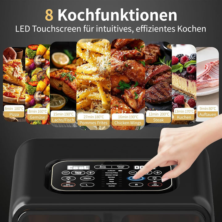aeco FryQ ELITE Duo XL8 Heissluftfritteuse2 Kammern | Dual Zone Airfryer 8L gesamt | Mit Sichtfenste