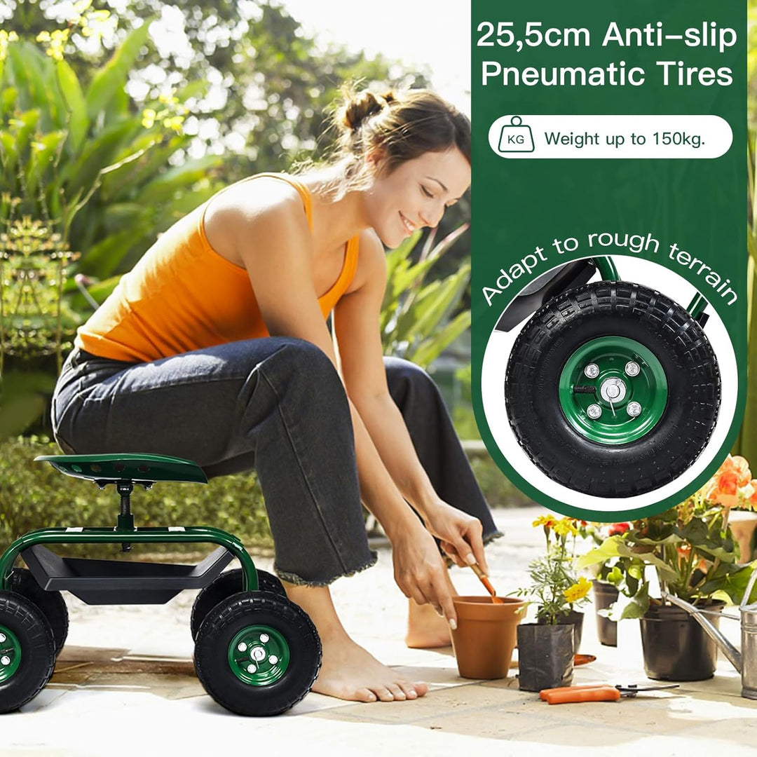 RELAX4LIFE Rollsitz mit Ablage Korb, Gartensitz mit Ausziehbarem Griff 4 Rädern, Gartenrollsitz Fahr
