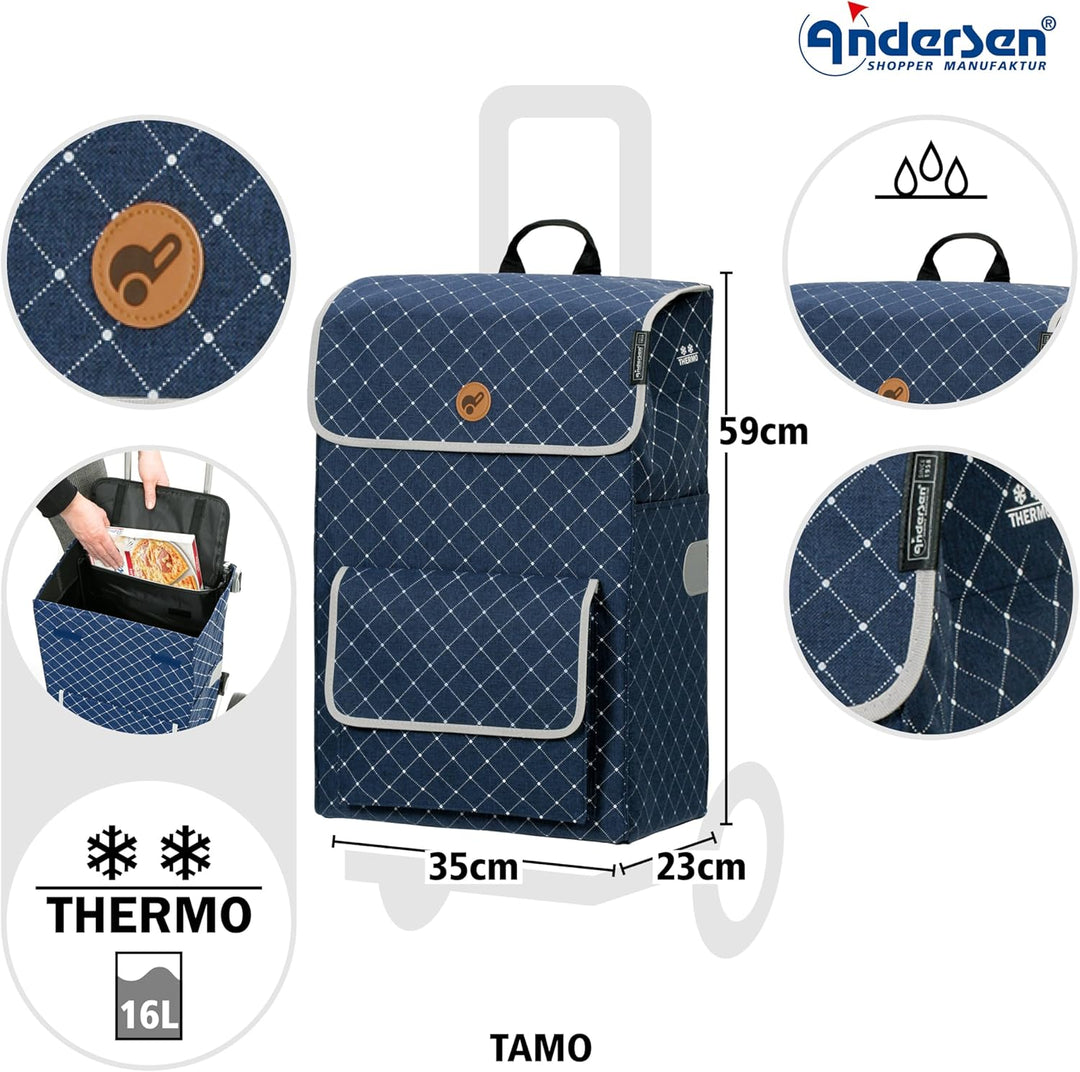 Andersen Shopper Alu Star höhenverstellbar mit Rad Ø 20cm und 51 Liter Tasche Tamo mit Kühlfach blau