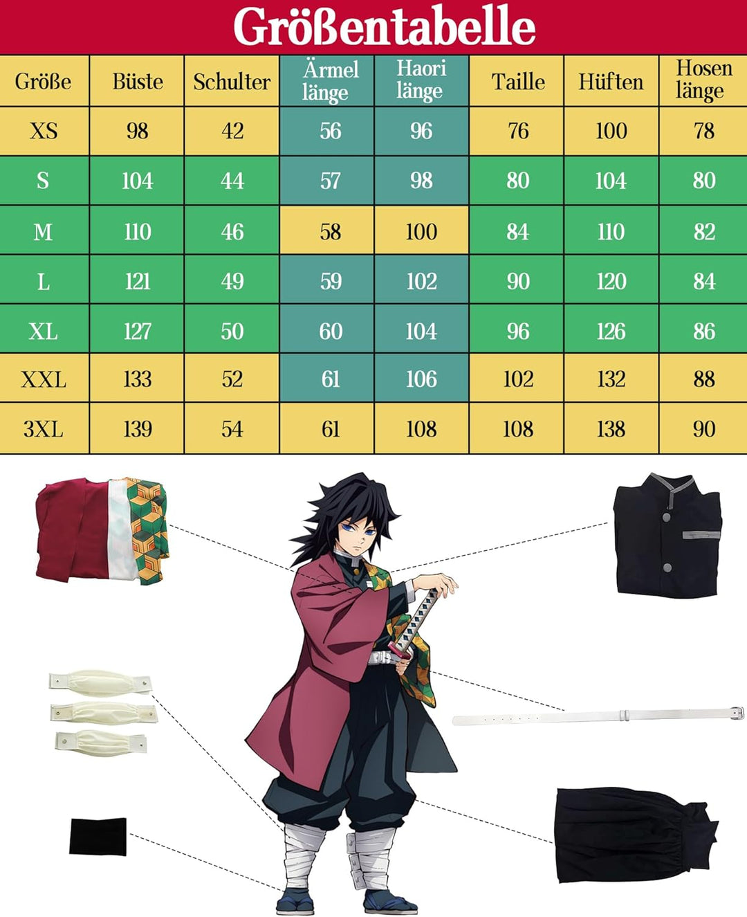 FCCAM Agatsuma Zenitsu Cosplay Kimono Vollständiger Satz Anime Zenitsu Cosplay Kostüm Erwachsene Rot