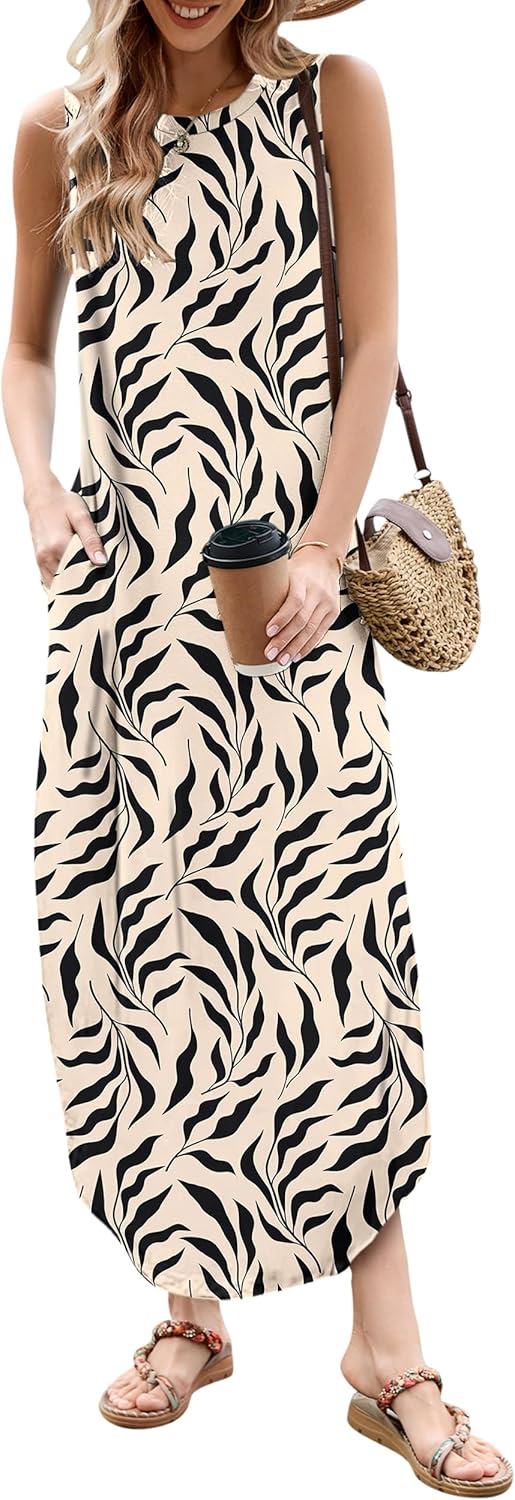 AUSELILY Maxikleider Damen Sommer Ärmellos Strandkleid Lang Sommer-Kleider Tank T-Shirt Kleid mit Ta