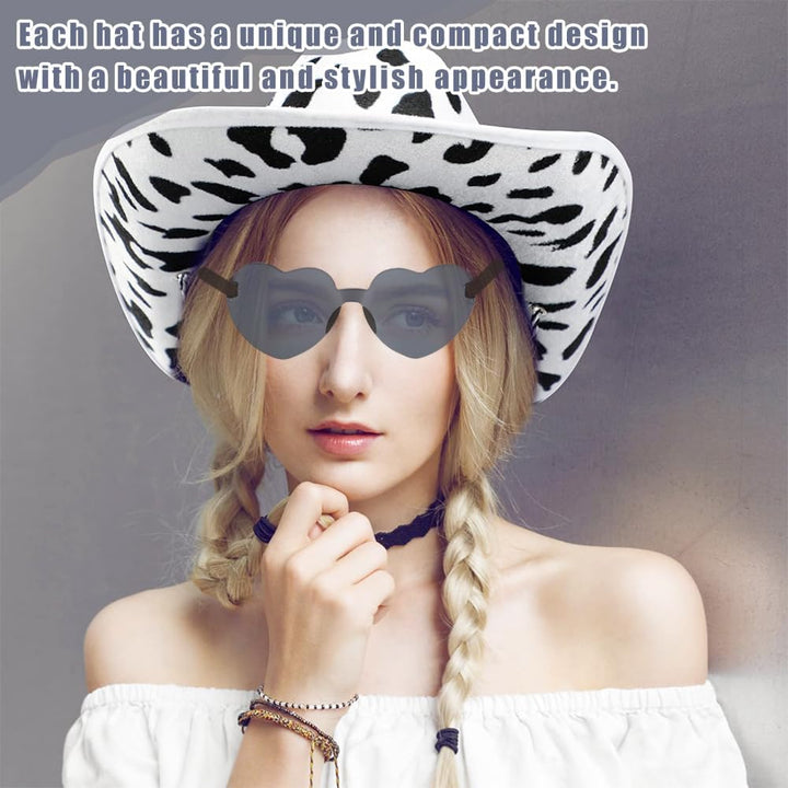 Western Cowboyhut Set, Cowboyhut mit Kuhmotiv, Westernhut 3PCS, Herzförmige Sonnenbrille und Kopftuc