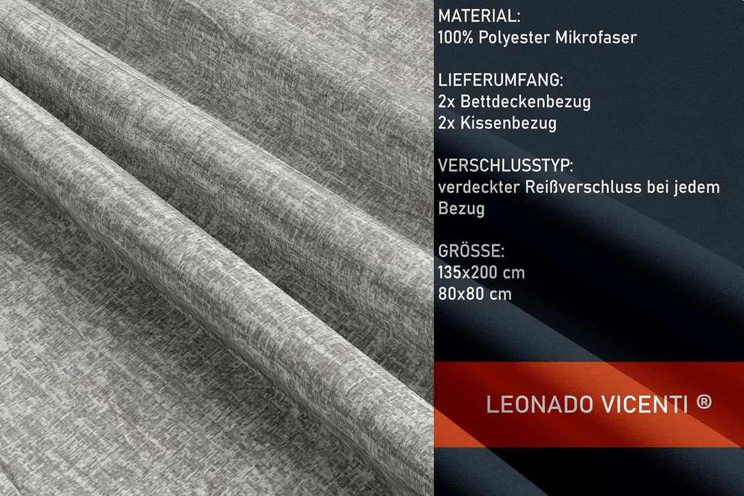 Leonado Vicenti 4tlg. Bettwäsche Microfaser Set 135x200 Silber Grau Meliertes Einfarbig Bettbezug Ki
