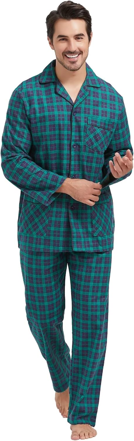 Amaxer Flanell Schlafanzug Herren 100% Baumwolle Pyjama mit Knopfleiste Set Lang Warmer Winter Schla