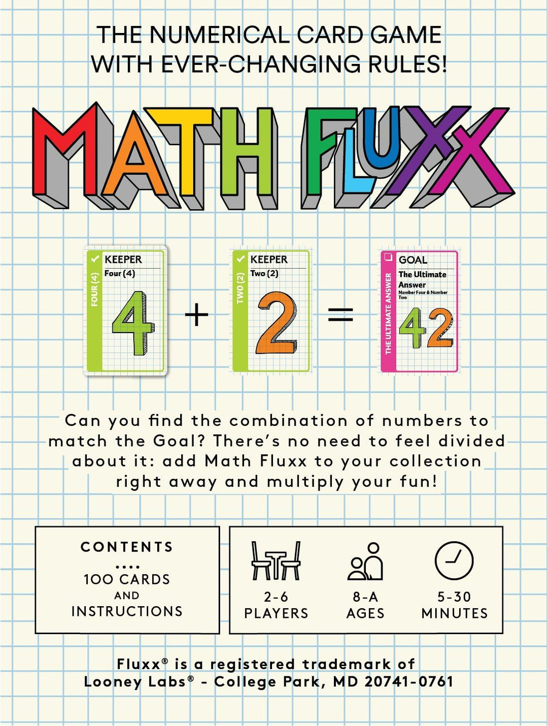 Looney Labs , Math Fluxx , Board Game , Ages 8+ , 2-6 Players , 5-30 Minutes Playing Time