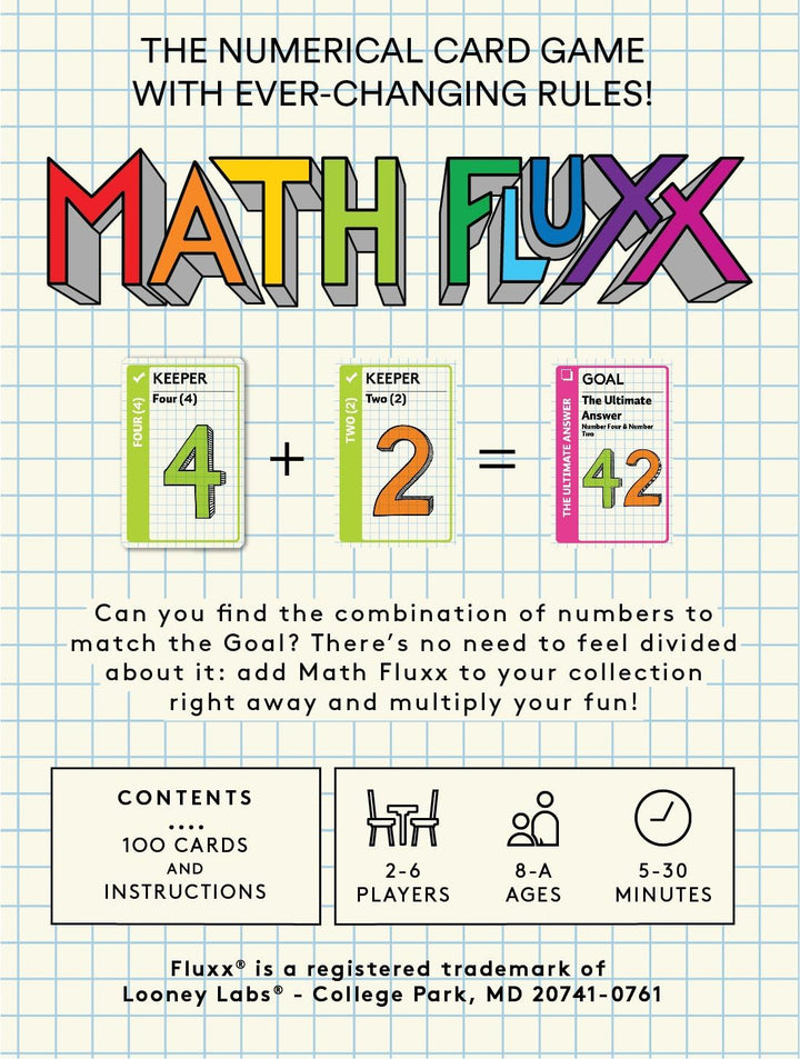 Looney Labs , Math Fluxx , Board Game , Ages 8+ , 2-6 Players , 5-30 Minutes Playing Time