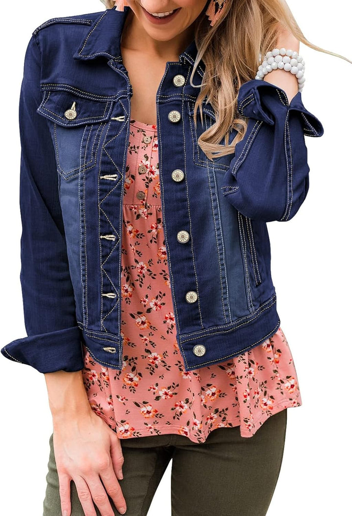 Roskiky Jeansjacken Damen Jean Stretchy Langarm Trucker Jacke mit Tasche M Blau, M Blau