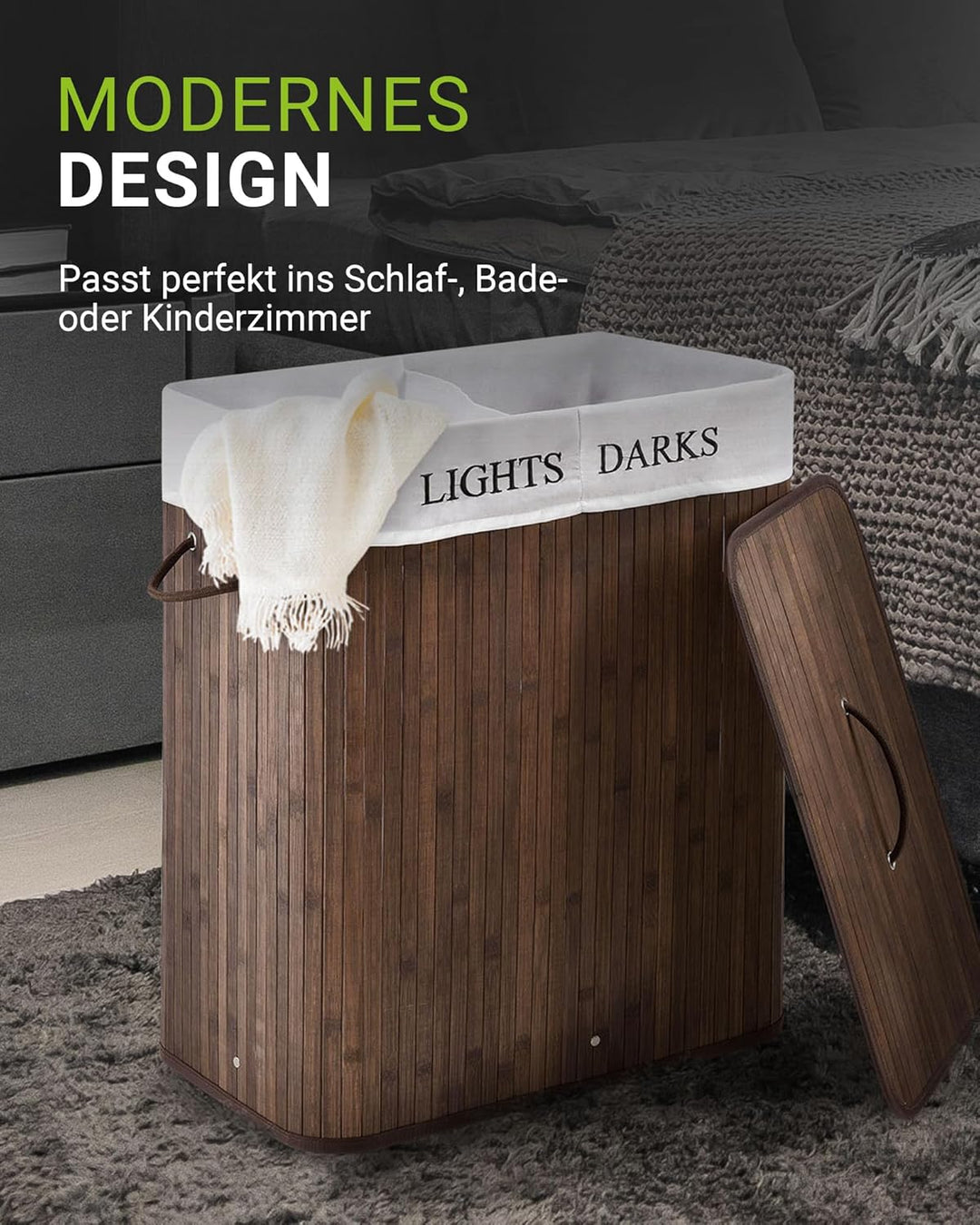 Juskys Bambus Wäschekorb Curly Braun 100L - Hygienischer Wäschekorb mit Deckel, Tragegriff & Wäsches