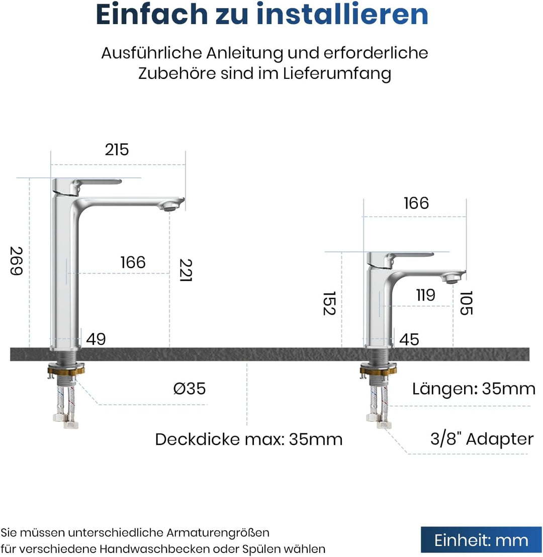EMKE Waschtischarmatur Chrom, Wasserhahn Bad Mischbatterie Ultrathin, German 4MS Kupfer mit DVGW Zer