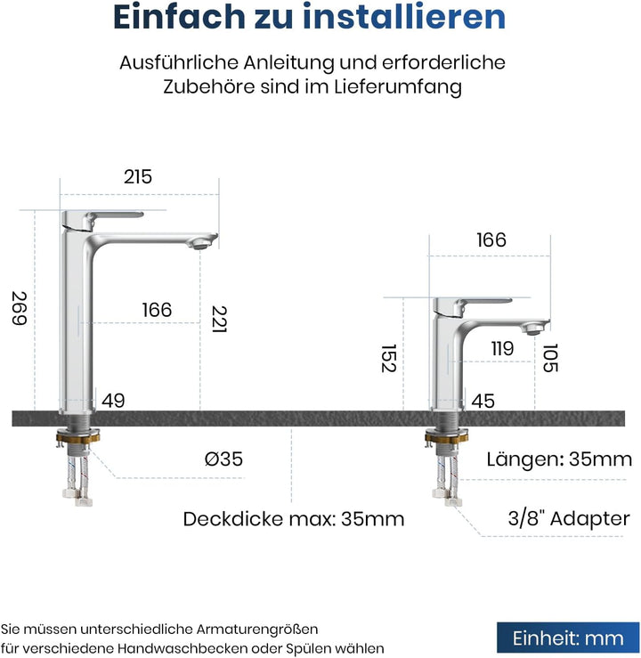 EMKE Waschtischarmatur Chrom, Wasserhahn Bad Mischbatterie Ultrathin, German 4MS Kupfer mit DVGW Zer