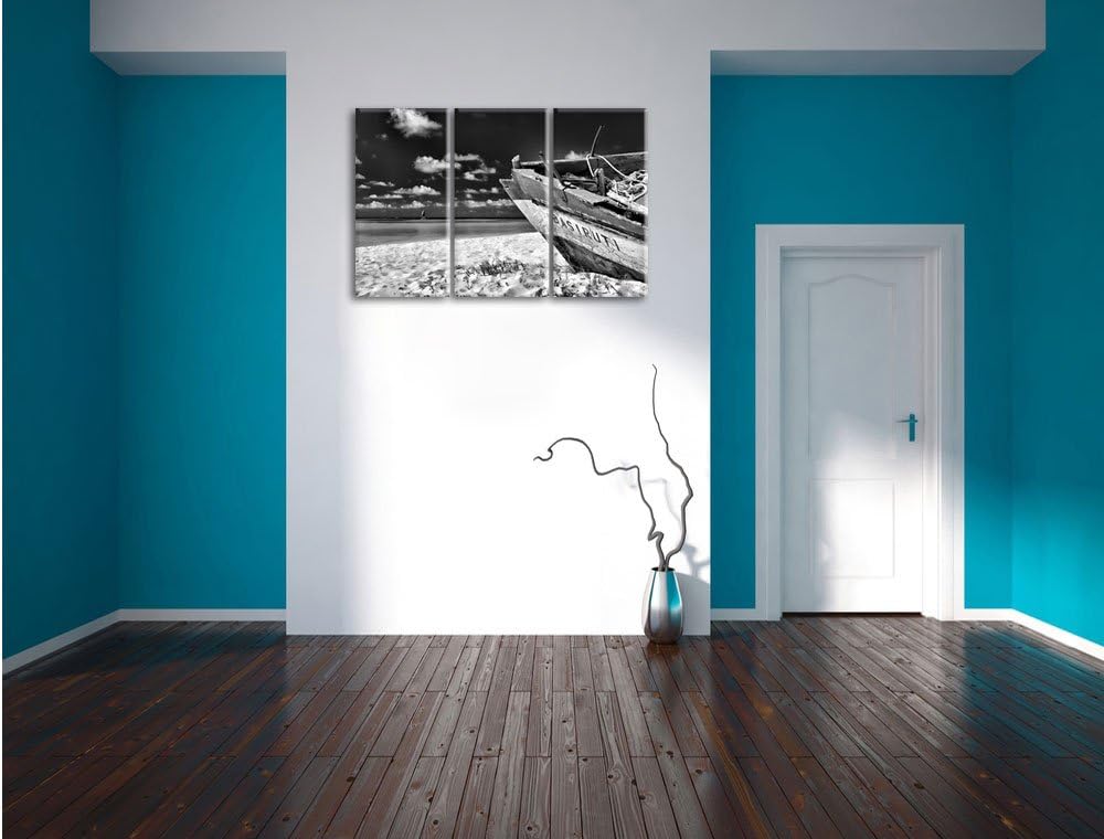 Pixxprint Monocrome, Boot am Strand 3-Teiler Leinwandbild 120x80 Bild auf Leinwand