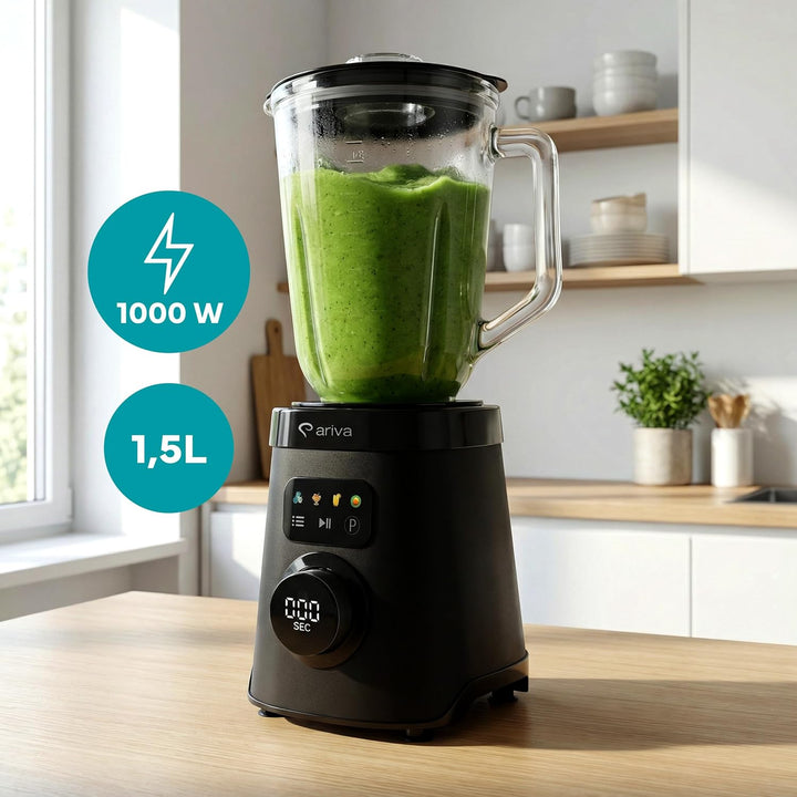 ARIVA Standmixer 1000W mit 1,5L Glasbehälter & Kaffeemühle, Smoothie Maker & Ice Crusher mit LED-Tou