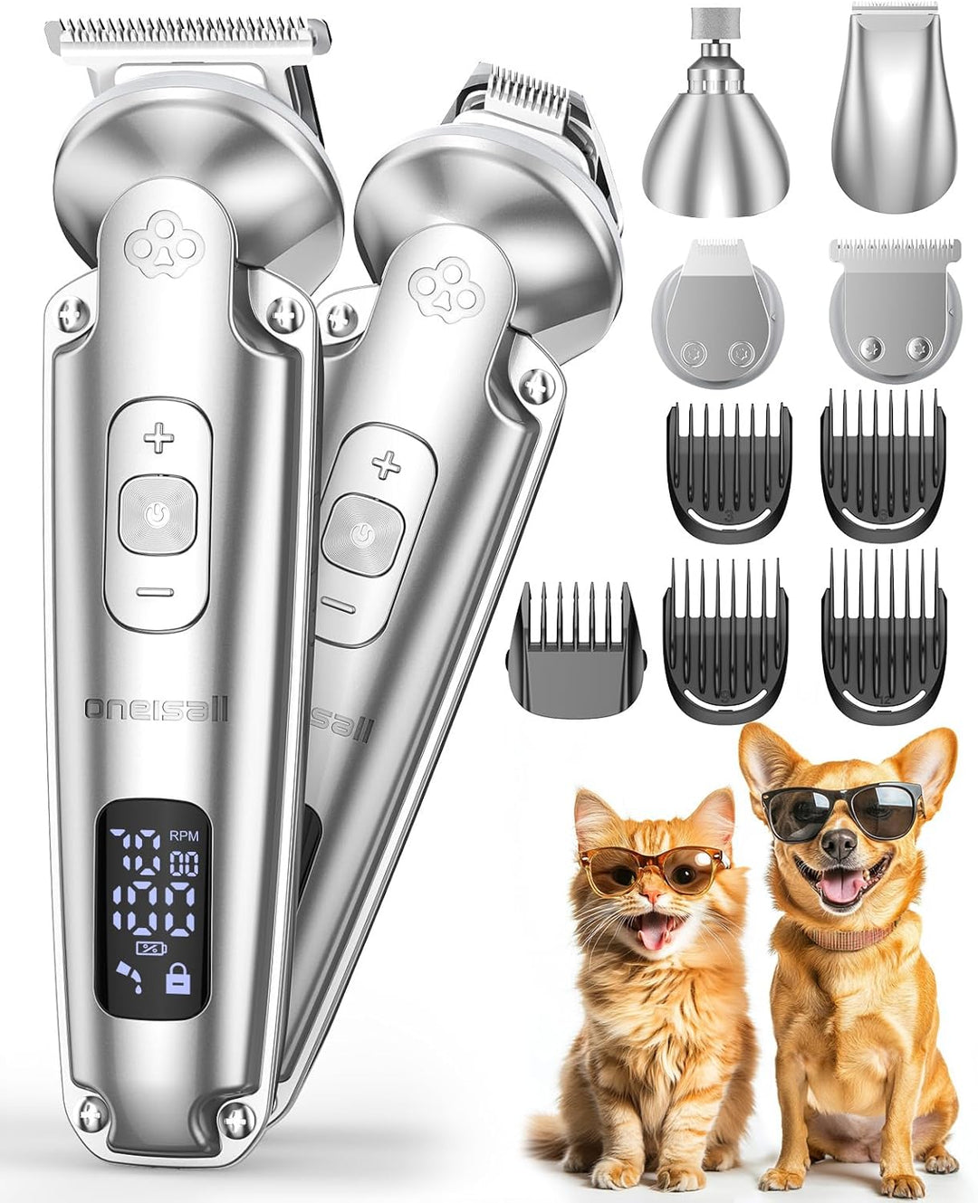 oneisall 4 in 1 Leise Schermaschine Hund Katze, 3-Gang Pfotentrimmer für Hunde bis zu 7000RPM, IPX7