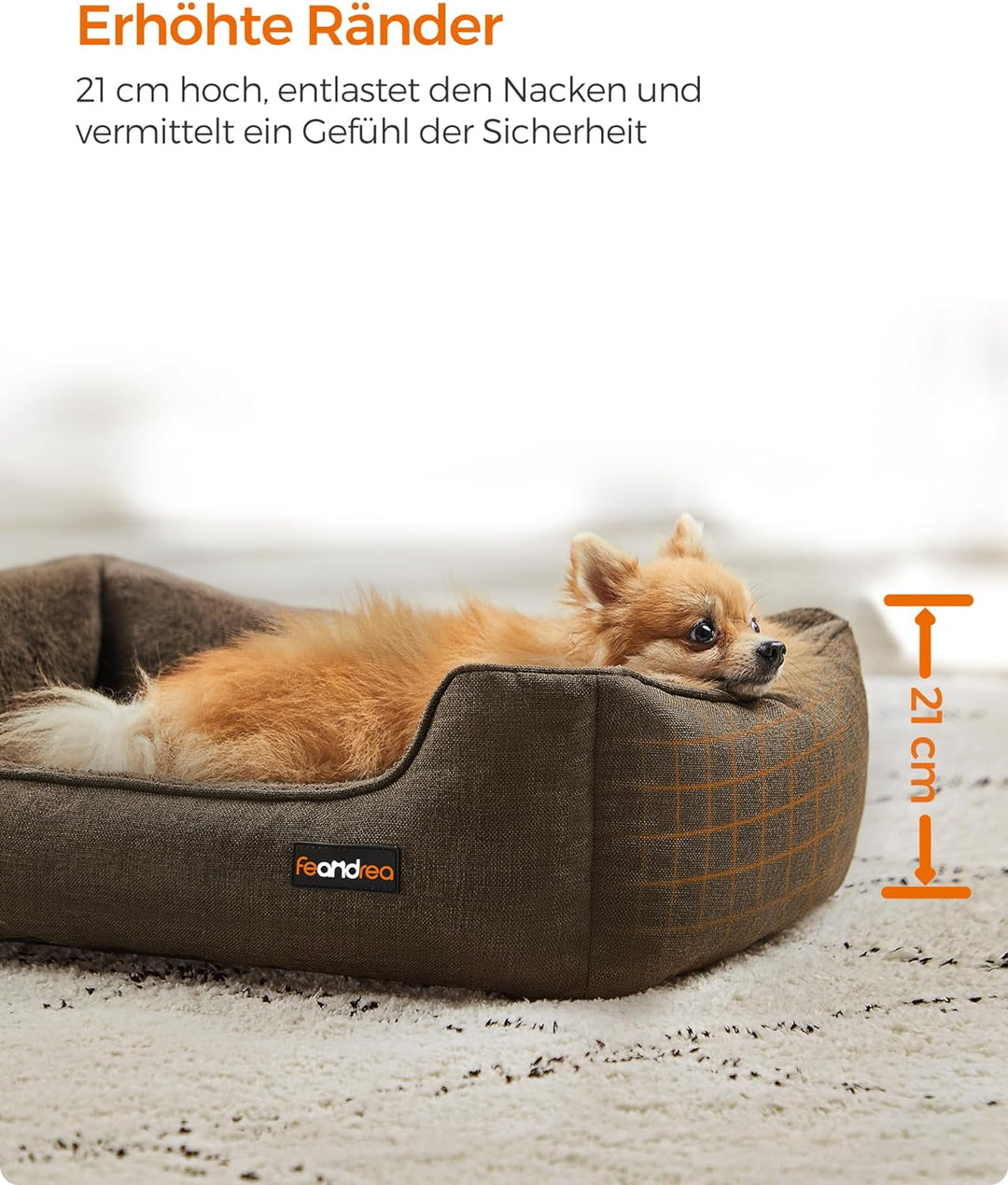 Feandrea Hundebett, Hundekissen in Leinenoptik, Hundekorb, erhöhte Ränder, rutschfeste Unterseite, B