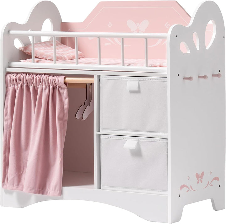 ROBOTIME Holz Puppenbett für Kinder, Baby Puppenbett mit Aufbewahrungsschrank und Bettwäsche, Puppen
