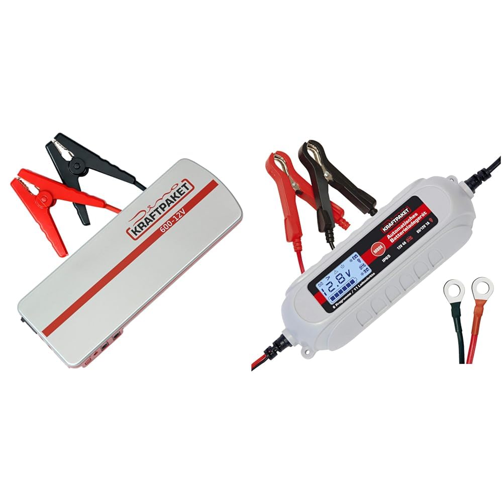 Dino KRAFTPAKET 136102 12V-600A Starthilfegerät 66.6Wh 18000mAh & 136312 Batterieladegerät 6V/12V-4A
