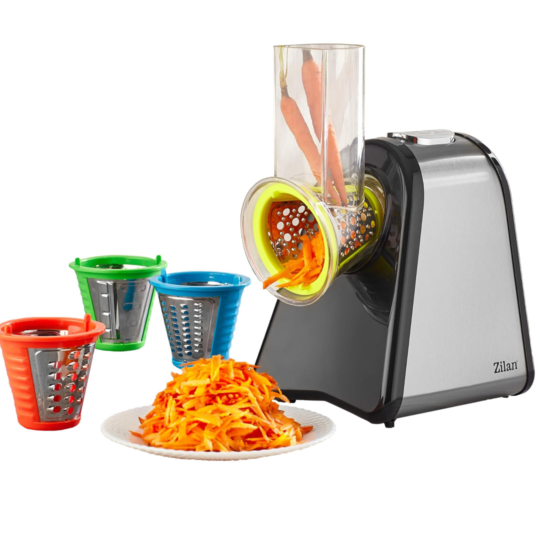 Elektrische Küchenreibe | 200 Watt | 4 Aufsätze | Trommeln aus Edelstahl | Elektrischer Gemüsehobel