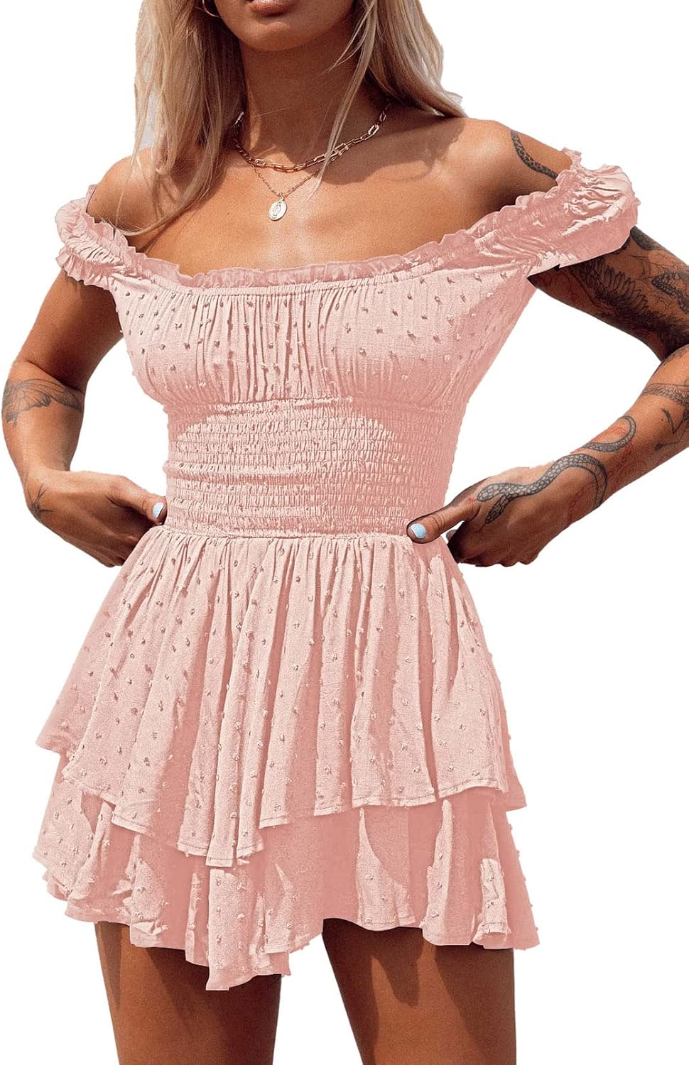 Viottiset Damen Rüschen Shorts Strampler Schulterfrei Swiss Dot Sommer Overalls L Rosa, L Rosa