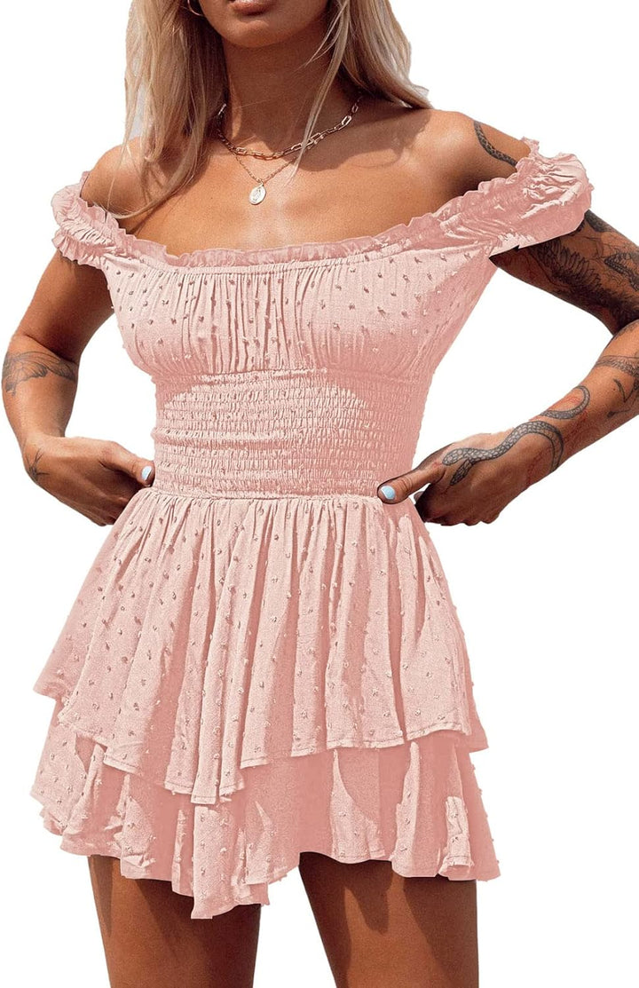 Viottiset Damen Rüschen Shorts Strampler Schulterfrei Swiss Dot Sommer Overalls L Rosa, L Rosa