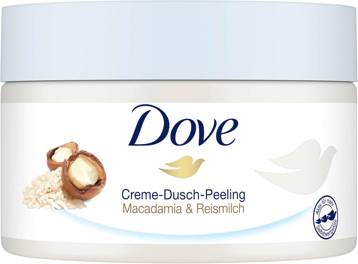 Dove Creme-Dusch-Peeling Macadamia & Reismilch Scrub Körper Peeling für geschmeidige Haut Hautpflege