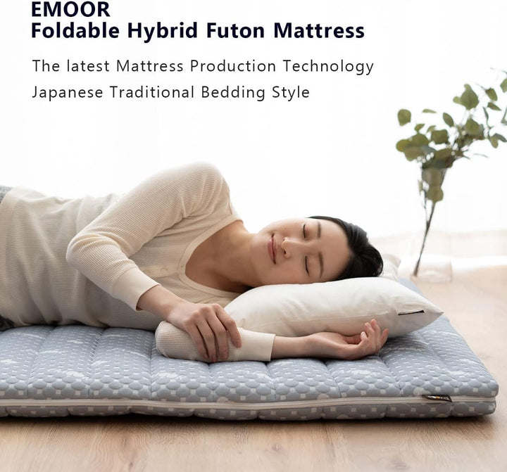 EMOOR Faltbare Hybrid-Futon-Matratze, Hoch-Resilien-Urethan, 150 N (Mittelfest), Mit Waschbarem, Gep