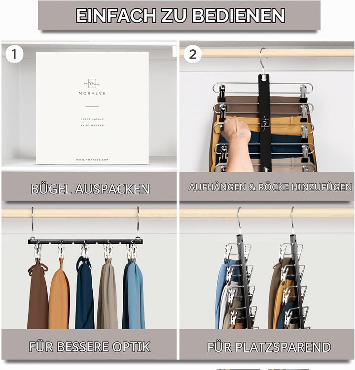 MORALVE Rockbügel Platzsparend mit Clips - 2er-Pack - 5-stöckiger Kleiderbügel aus europäischer Buch