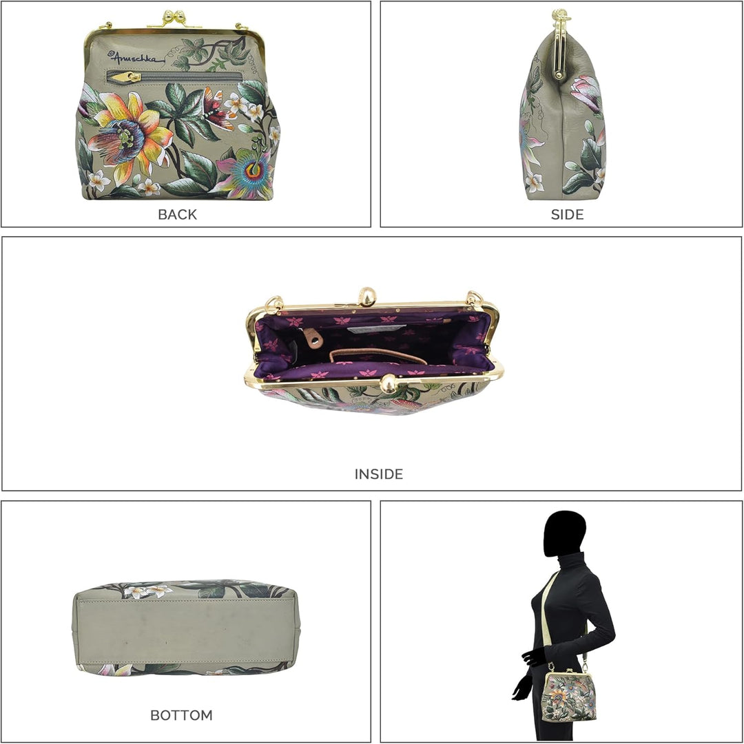 Anuschka Women's Frame Crossbody Tasche aus Echtleder, handbemalt, mittlere Grösse mit Rahmen Floral