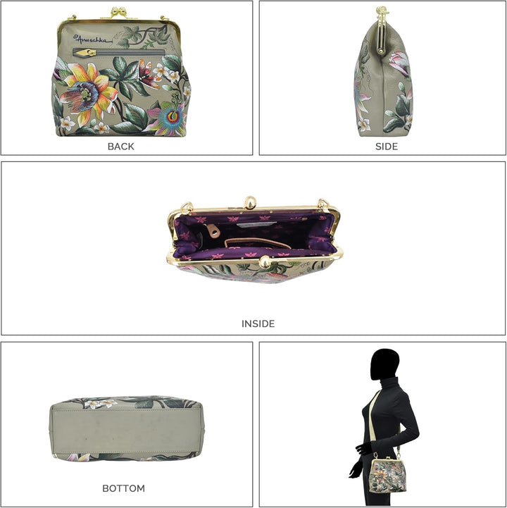 Anuschka Women's Frame Crossbody Tasche aus Echtleder, handbemalt, mittlere Grösse mit Rahmen Floral
