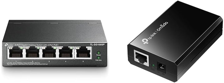 TP-Link TL-SG1005P 5-Port Gigabit PoE Switch mit 4 PoE+ Ports mit TP-Link TL-POE150S Gigabit PoE Inj
