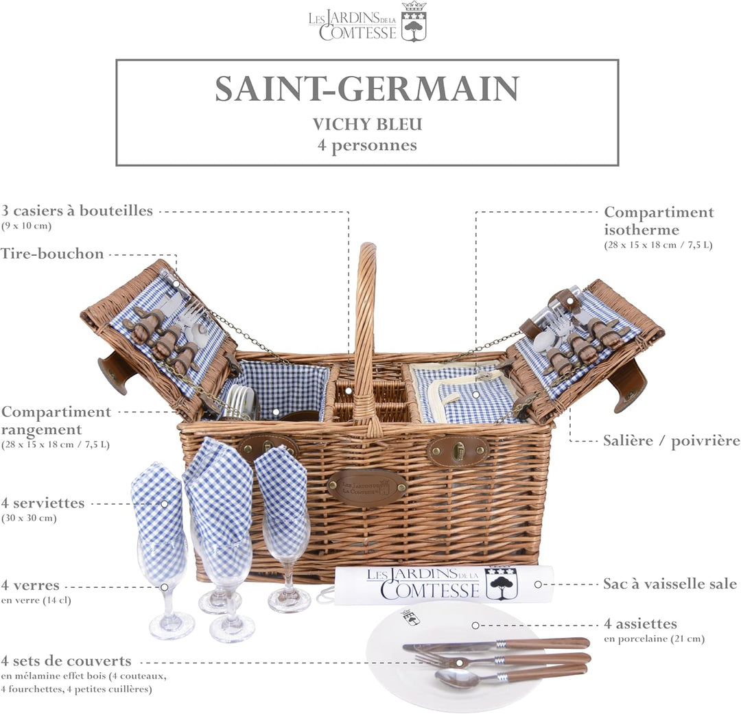 Les Jardins de la Comtesse - Picknickkorb Saint Germain Vichy, Blau – komplett – 4 Personen – Isolie