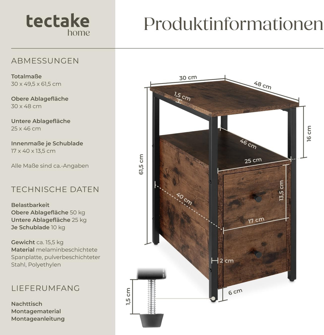 tectake Nachttisch mit 2 Schubladen und 2 Ablagen, schmaler Holz Beistelltisch, 30 x 49,5 x 61,5 cm,
