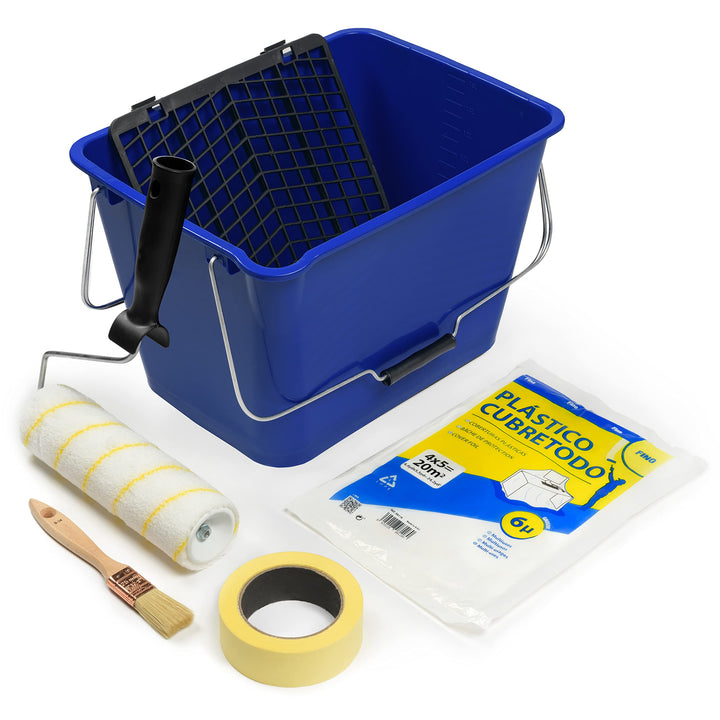 TECPINT SPECIAL KIT INNENLACKANWENDUNG - Professionelle Anti-Tropf-Farbrolle mit Eimer, Klebeband, A