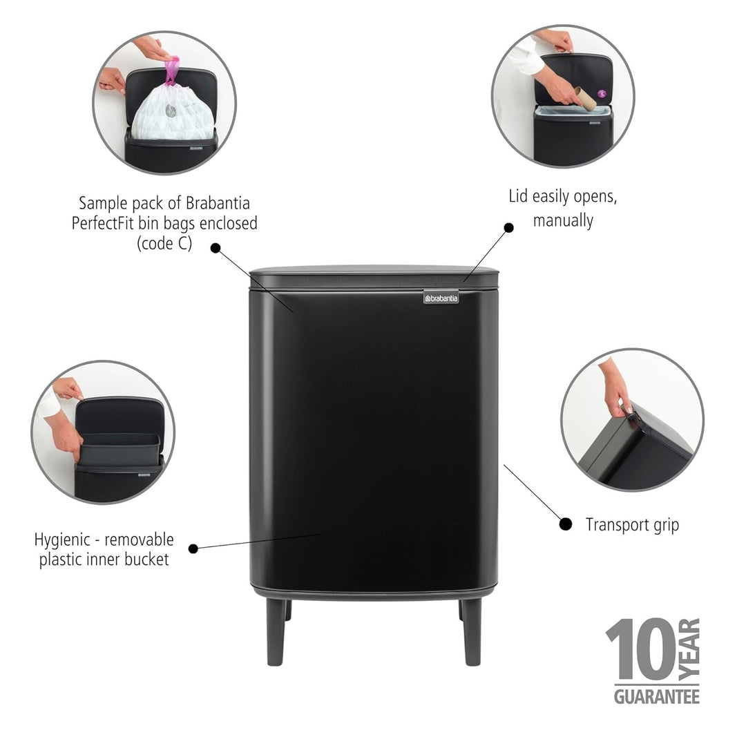 Brabantia - Mülleimer Bo Hi 12L mit Soft-Close-Deckel, herausnehmbarem Inneneimer und Transportgriff