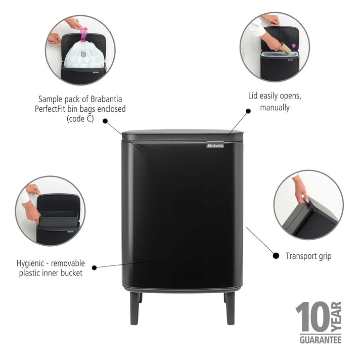 Brabantia - Mülleimer Bo Hi 12L mit Soft-Close-Deckel, herausnehmbarem Inneneimer und Transportgriff