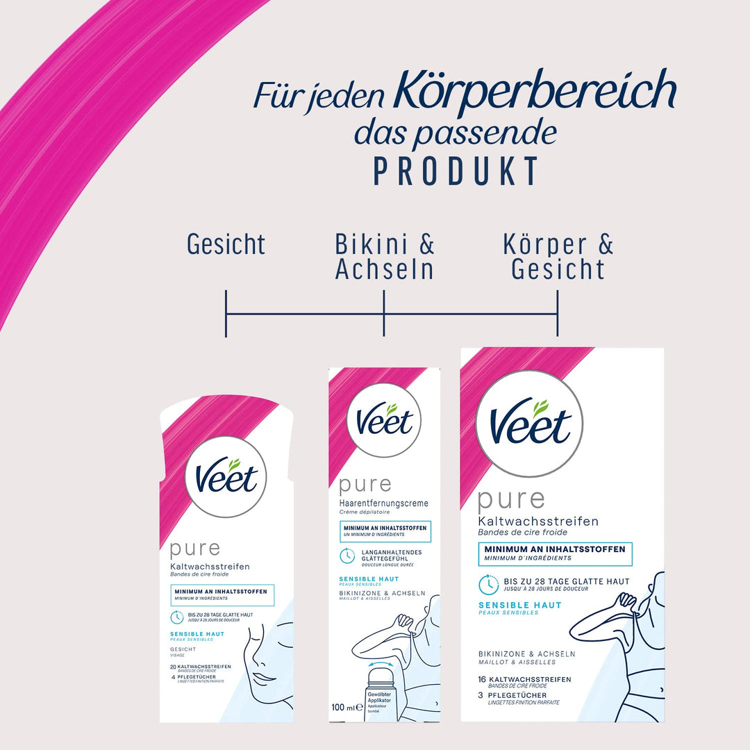 Veet PURE Kaltwachsstreifen – Geeignet für sensible Haut – Anwendung für Gesicht – Bis zu 28 Tage gl