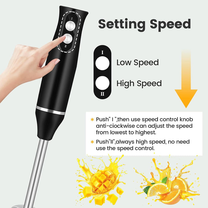 4-in-1 Stabmixer Edelstahl 500W, Pürierstab mit 2 Geschwindigkeiten, Hand Blender Set mit Schneebese