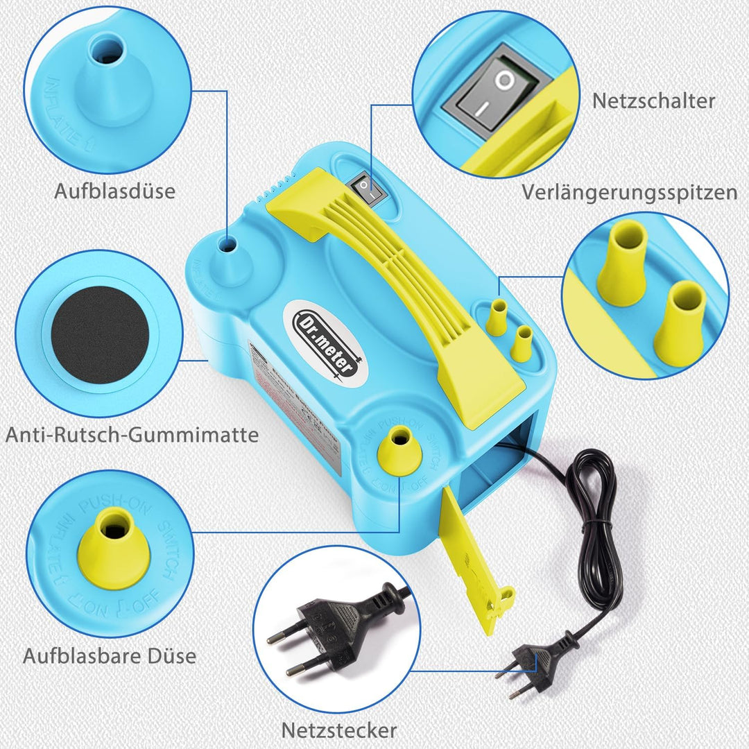 Elektrische Ballonpumpe, Dr.meter 600W Luftballonpumpe Ballonpumpe mit Doppeldüse Inflatorgebläse Tr