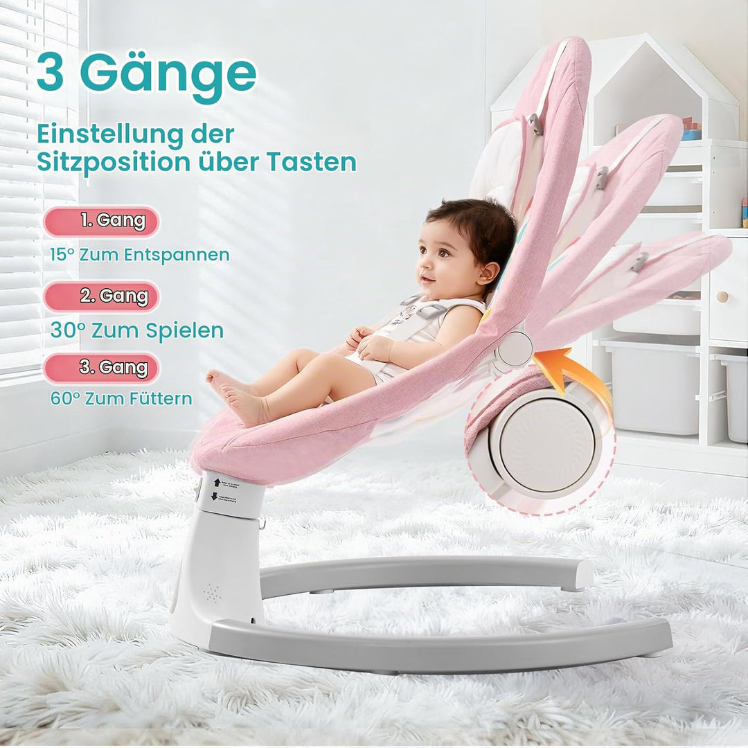 Babywippe Elektrisch,Babyschaukel Indoor Bluetooth, 5 Schwinggeschwindigkeit, 3 Winkellage, Fernsteu