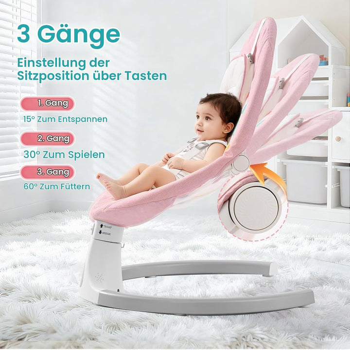 Babywippe Elektrisch,Babyschaukel Indoor Bluetooth, 5 Schwinggeschwindigkeit, 3 Winkellage, Fernsteu