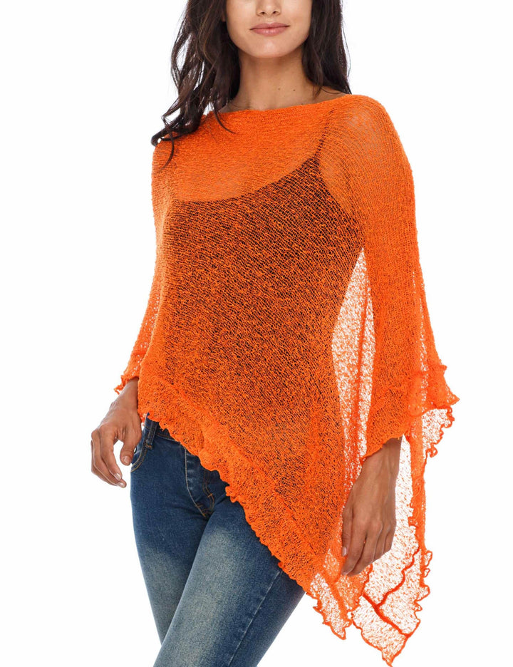SHU-SHI - Damen Poncho-Top mit Rüschen - transparent - leichtes Strickmaterial Leuchtendes Orange, L