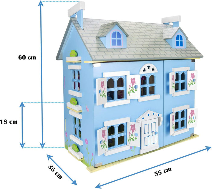 Leomark Alpine Villa Puppenhaus aus Holz mit Möbeln und Familie - Farbe Blue - Familienhaus mit möbe